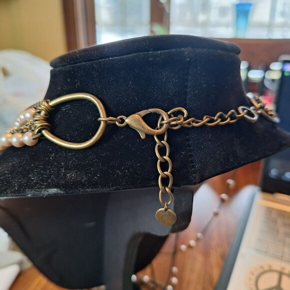 Talbots Multi Layer Strand Faux Pearl Necklace Bronze Chain Statement 22 Inch - Picture 6 of 6